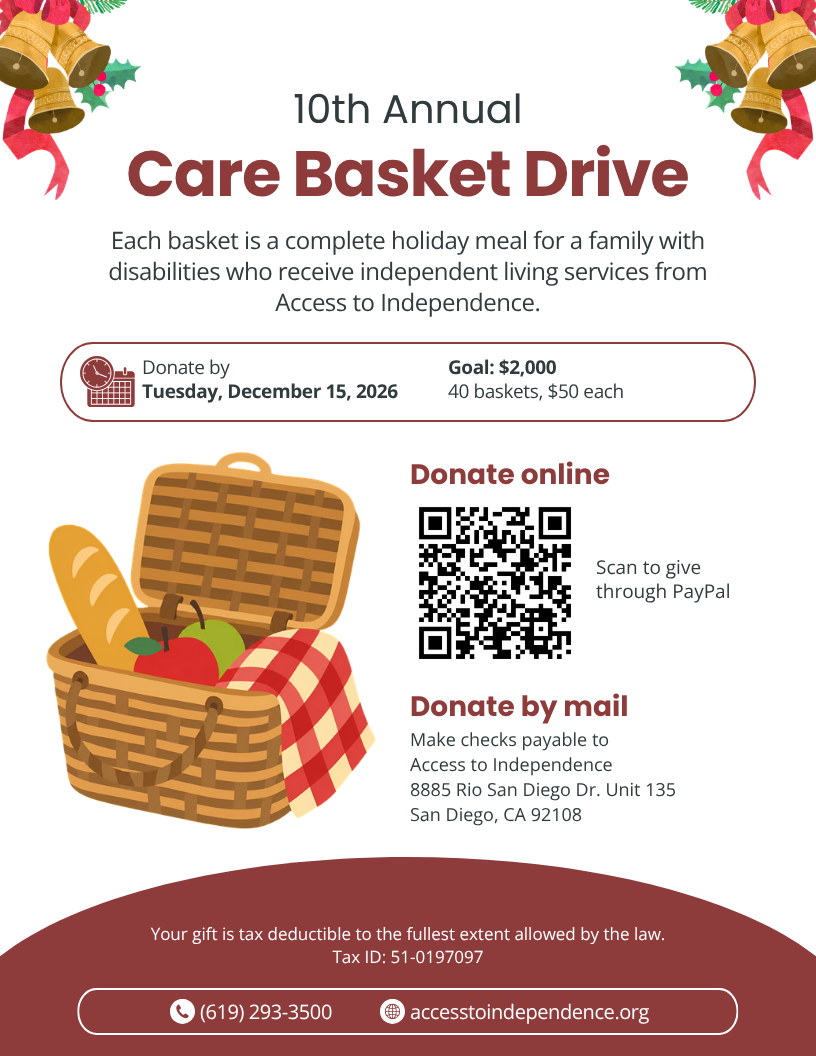10th Annual Care Basket Drive flyer from Access to Independence. Goal $2,000, 40 baskets at $50 each. Donate by Tuesday, December 15, 2026 online through PayPal or by mail.